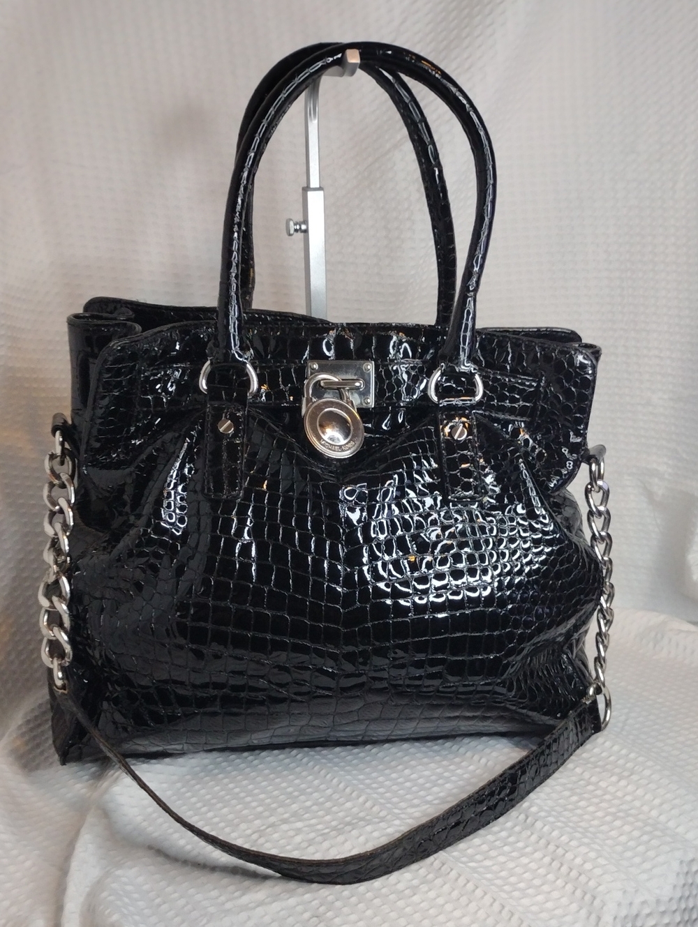 Michael Michael Kors Hamilton Black Croc-Embossed Patent Leather Tote Bag - Picture 1 of 16